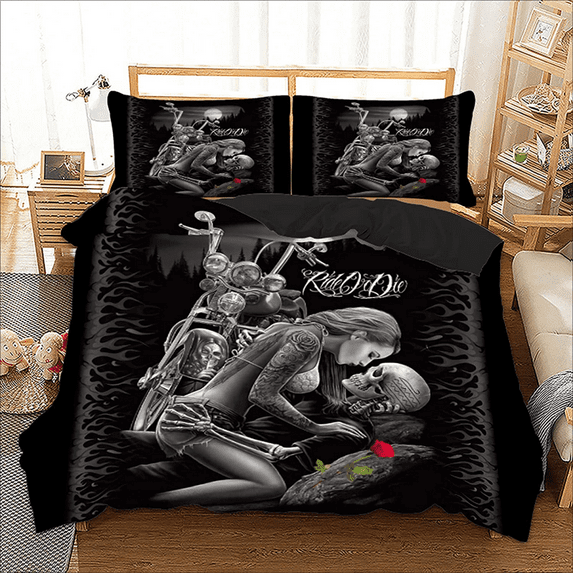 Skull Bedding Duvet Cover Double 3D Ride or Die Printed Quilt Duvet Cover with Zipper Closure, Soft Microfiber Gothic Bedding (Twin Size, 3 Pieces)