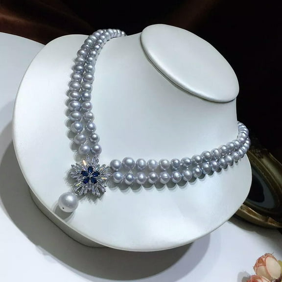 EOEMY 2 Strand Natural 6-7mm Gray Freshwater Pearl Necklace 18" Flower Clasp