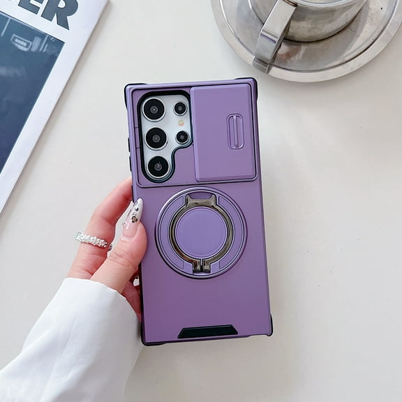 360° Rotatable 100° Fold Ring Stand Slim Fit Case for Samsung Galaxy S25 Ultra, with Sliding Camera Cover Shockproof Drop Protection Matte Hybrid Phone Cover, Support Magnetic Car Mount, Purple
