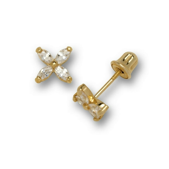14k Yellow Gold April Clear CZ 4 Petal Flower Screw-Back Earrings - Measures 5x5mm