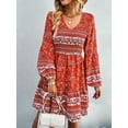 thumbnail image 3 of Liacowi Women Boho Mini Dress Flower Print V Neck Long Sleeve Flowy Dress Elastic Waist Short Dress, 3 of 7