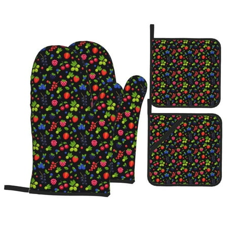 

Oven Mitts and Pot Holders Sets 4 pcs Berries Non-Slip Oven Gloves Potholders Soft Quilted Lining Heat Resistant Gloves Hot Pads for Kitchen Cooking Baking