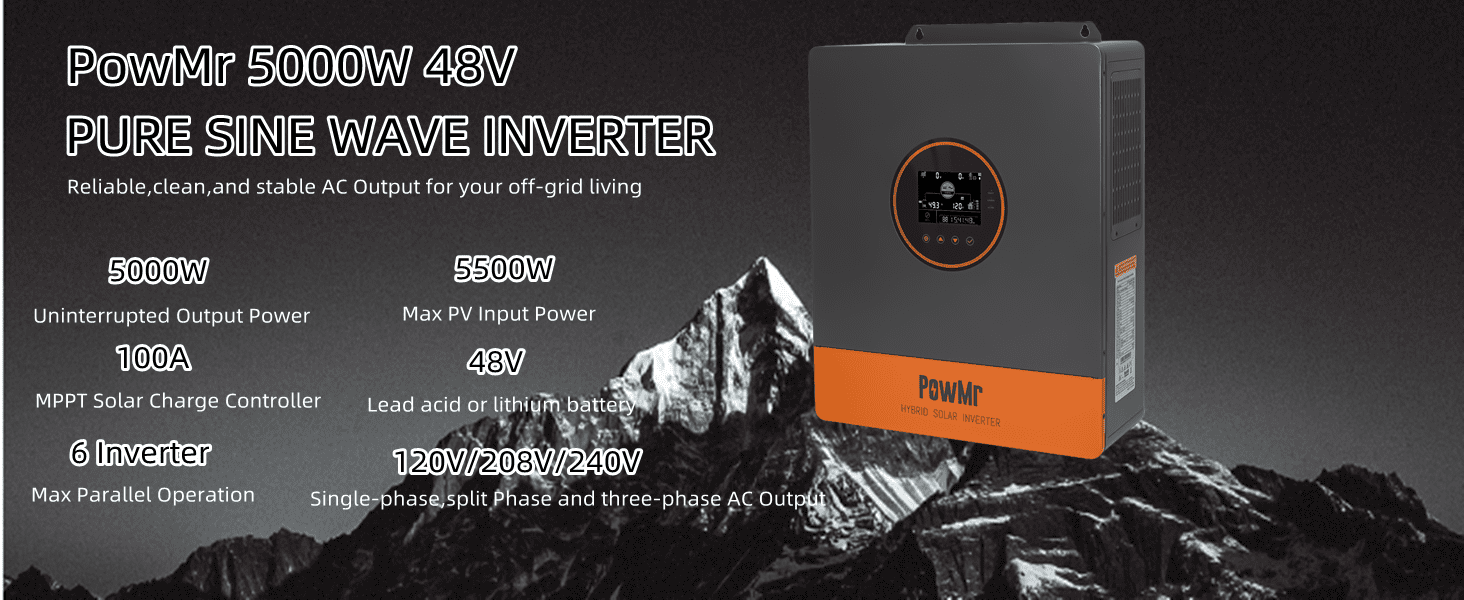 5000W Split Phase120V 110V AC Grid Tie 48V All In One Hybrid Inverter Built 100A MPPT Solar Charger Max Parallel 6 Inverters