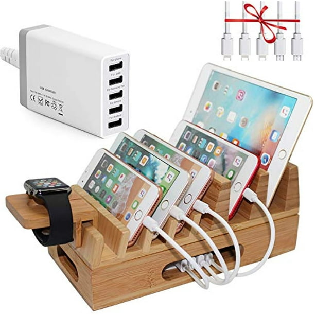 Pezin & Hulin Bamboo Charging Station Holder with 5 Port USB Charger, Watch  Stand, Wood Dock Stand Organizer for Multiple Devices, Phones, Tablets,