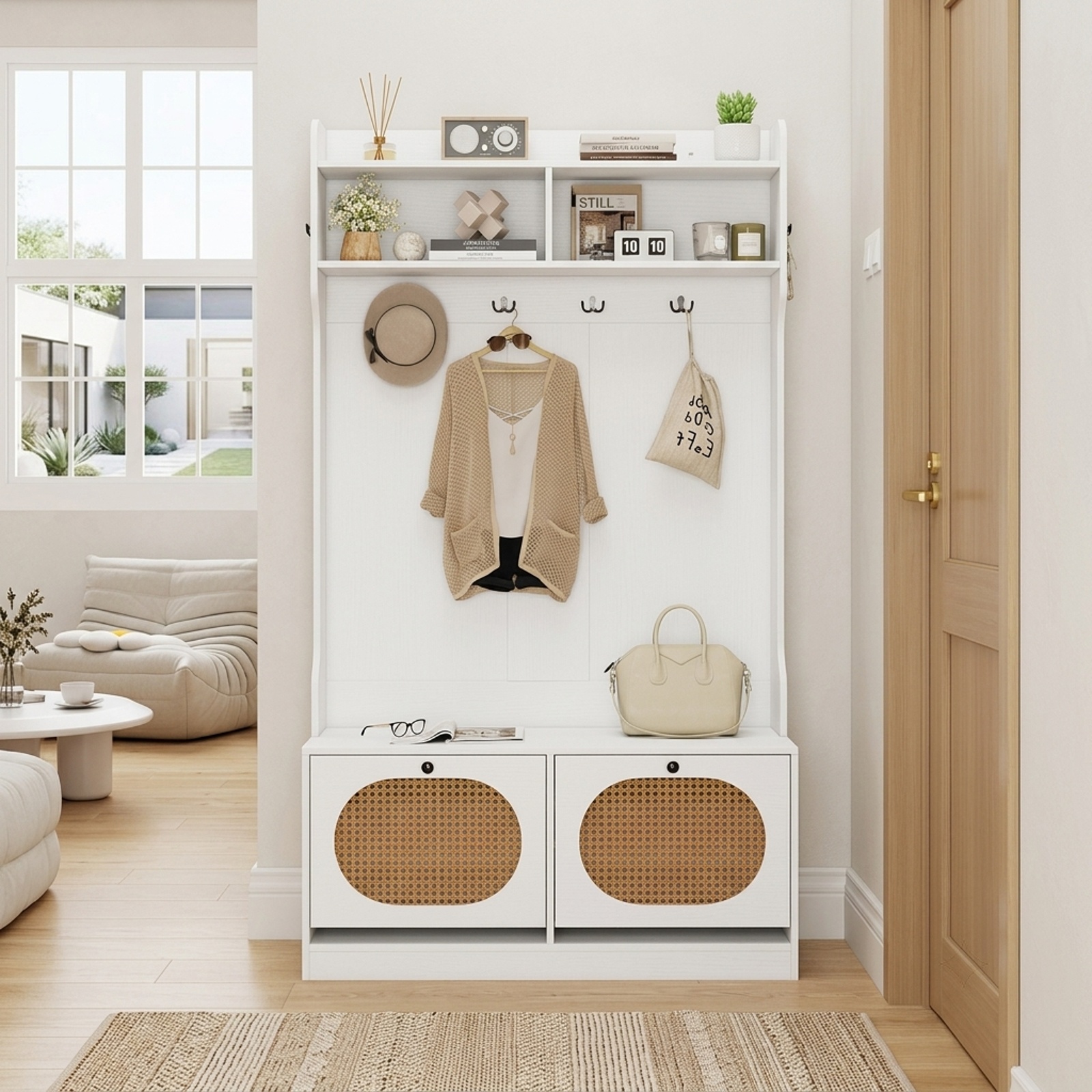 Furnibear 4 in 1 Entryway Hall Tree with Coat Rack and Flip Drawers and Storage Bench for Mudroom and Foyer and Hallway, White
