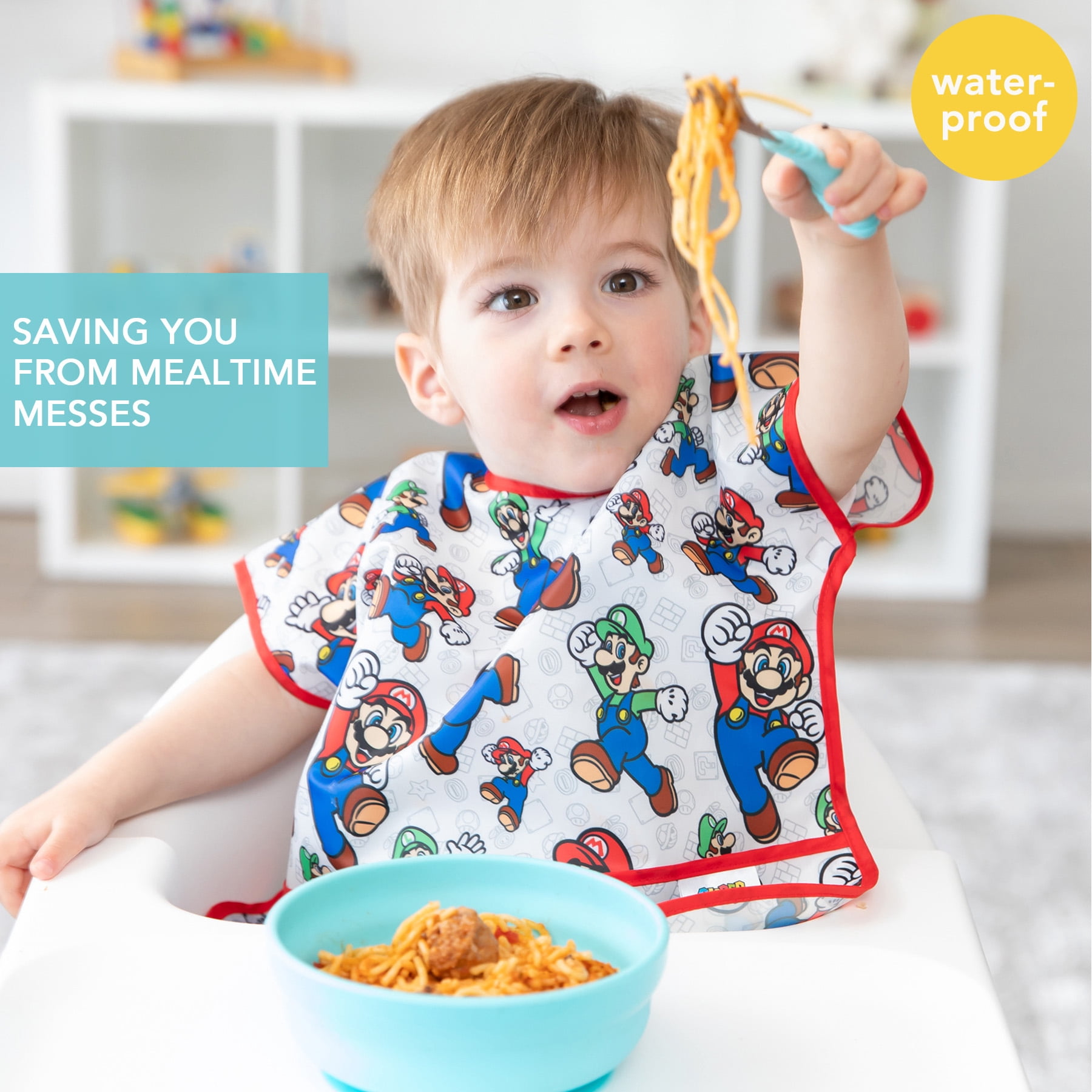 Bumkins Short Sleeve Junior Bib, Toddler Ages 1-3 Years (Nintendo Super Mario)