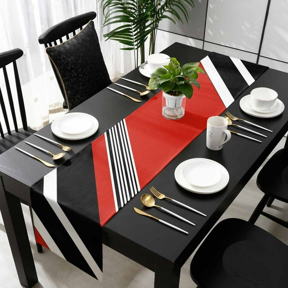 Red Black Stripe Cotton Linen Table Runner 16 x 72 inch Geometric Simple Color Line Non-slip Rectangular Dining Table Decor for Wedding Party Holiday Dinner