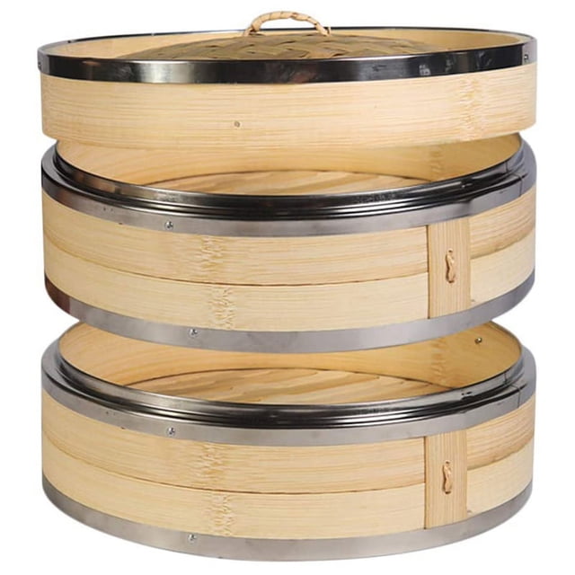 Cuiseur Vapeur en Bambou à 2 Niveaux avec Double Bande en Acier Inoxydable pour Petits Pains Asiatiques, Raviolis, Légumes, Poisson, Riz