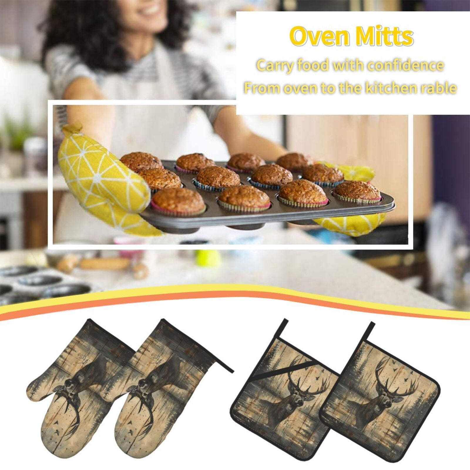 Deer Vintage Camo Art Black 4Pcs Oven Mitts and Pot Holders Sets Oven Kitchen Gloves Hot Pads for Cooking BBQ Baking Grilling