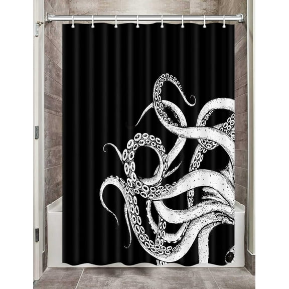 Funny Nautical Octopus Camper RV Shower Curtain for Travel Trailer Bathroom, Ocean Camping Fabric Stall Small Narrow Shower Curtains Set, Happy Camp Outdoor Decor Accessories with Hooks 47X64