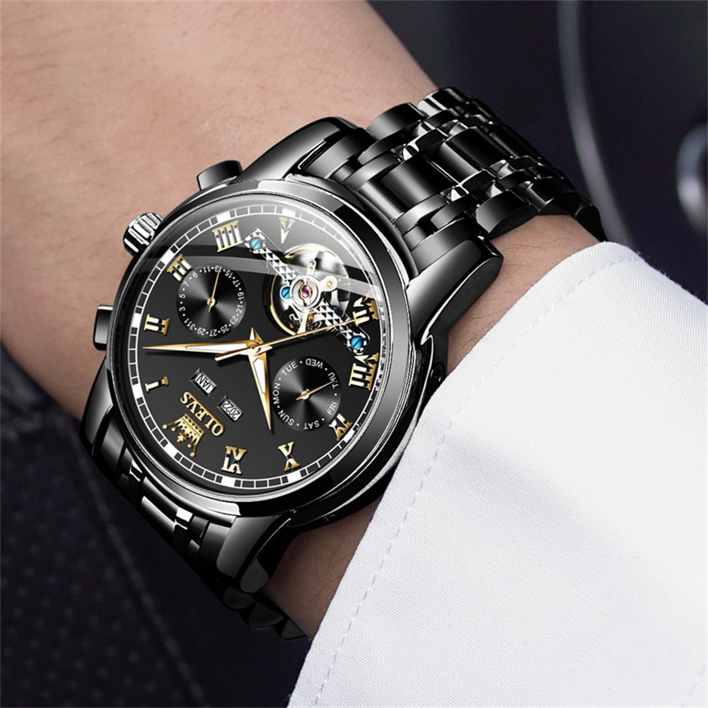OLEVS Automatic Watches for Mens Self-Winding Mechanical Chronograph Classic Fashion Business Tourbillon Skeleton Stainless Steel Waterproof Luminous Mens Wrist Watches Reloj Para Hombre