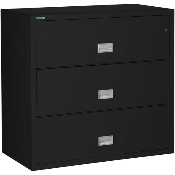 Phoenix Safe Lateral 44 inch 3-Drawer Fireproof File Cabinet with Key Lock, Water Seal, Black, LAT3W44B