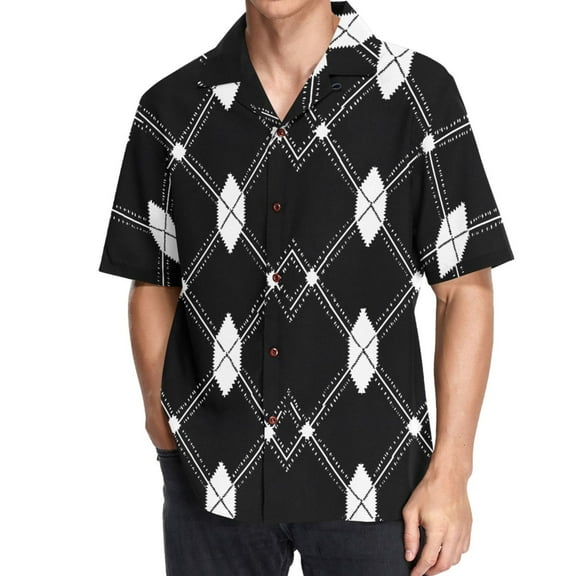 joogoo Men's Hawaiian Shirt Black White Plaid Checkered Short Sleeve Casual Button Down Shirts M