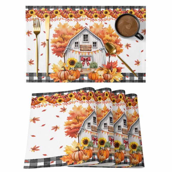 Fall Pumpkin Placemats Set of 2 Farmhouse Maple Leaf Black White Plaid Heat Insulation Washable Place Mats, Non-Slip Table Mats for Dining Table Party Kitchen Decor, 13x19 Inch