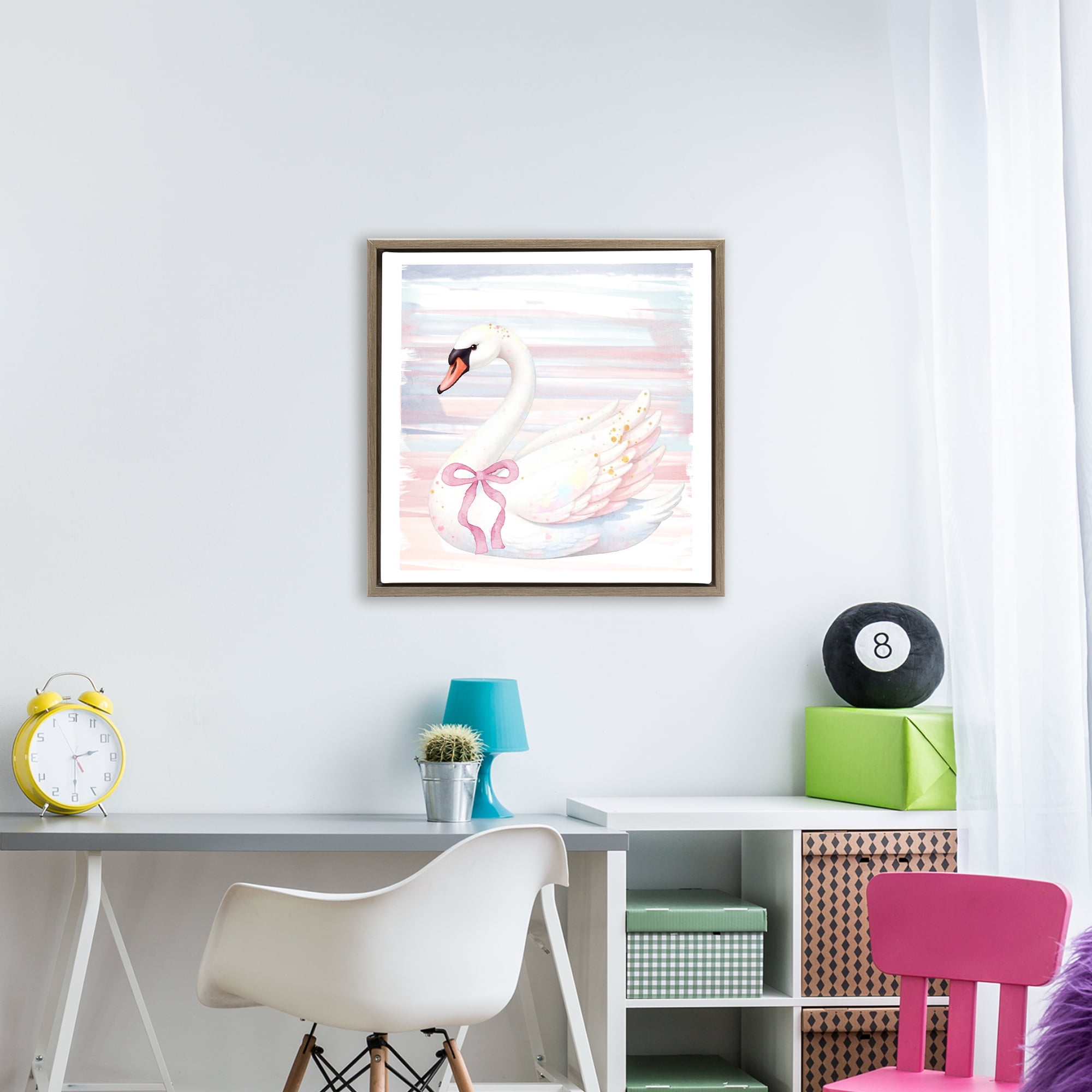Pastel Swan with Ribbon Brown Framed Floater Canvas Wall Art, design by Kim Allen