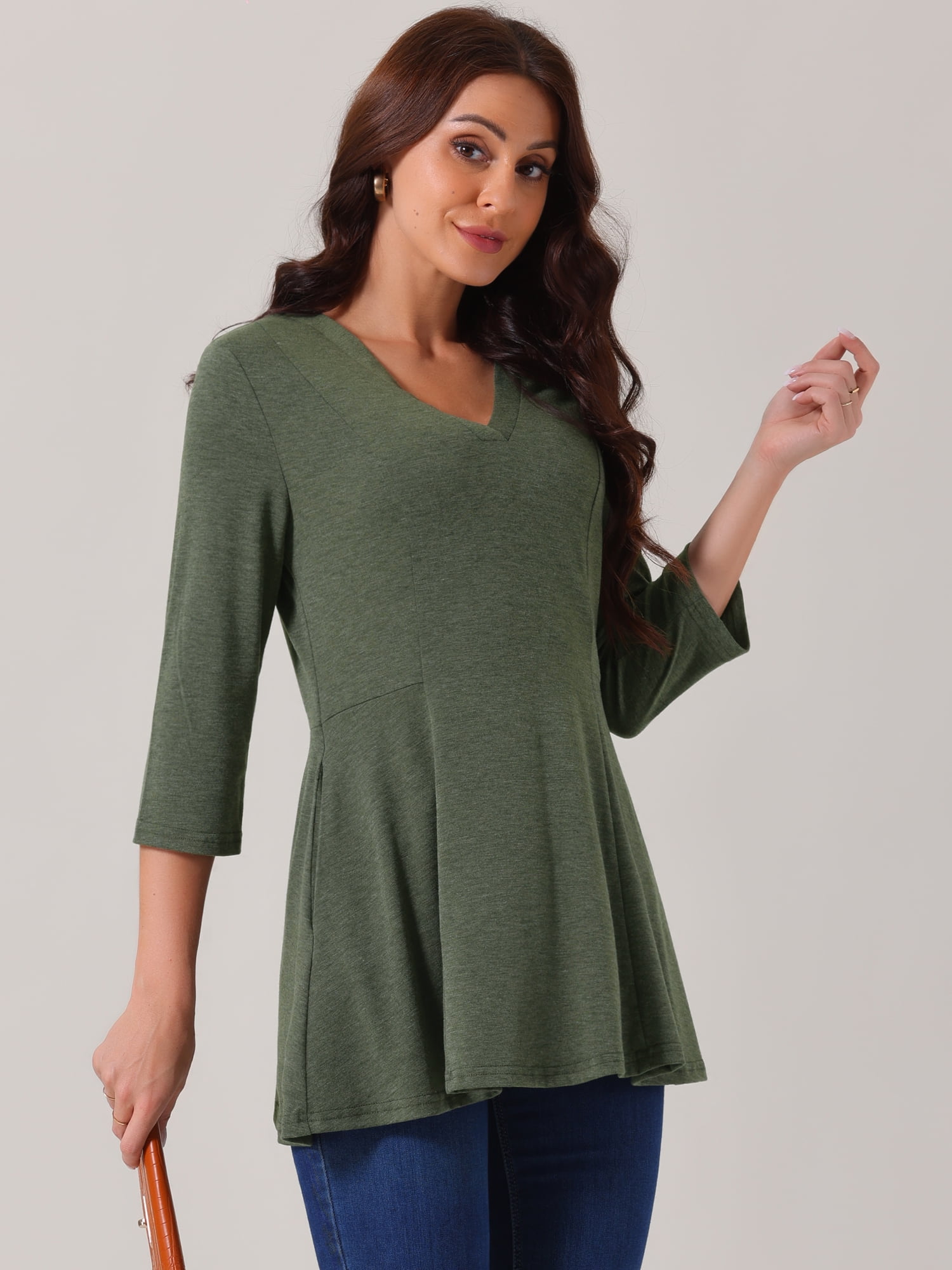 DARING DIVA Women's V Neck 3/4 Sleeve Casual Blouses with Pockets S Green
