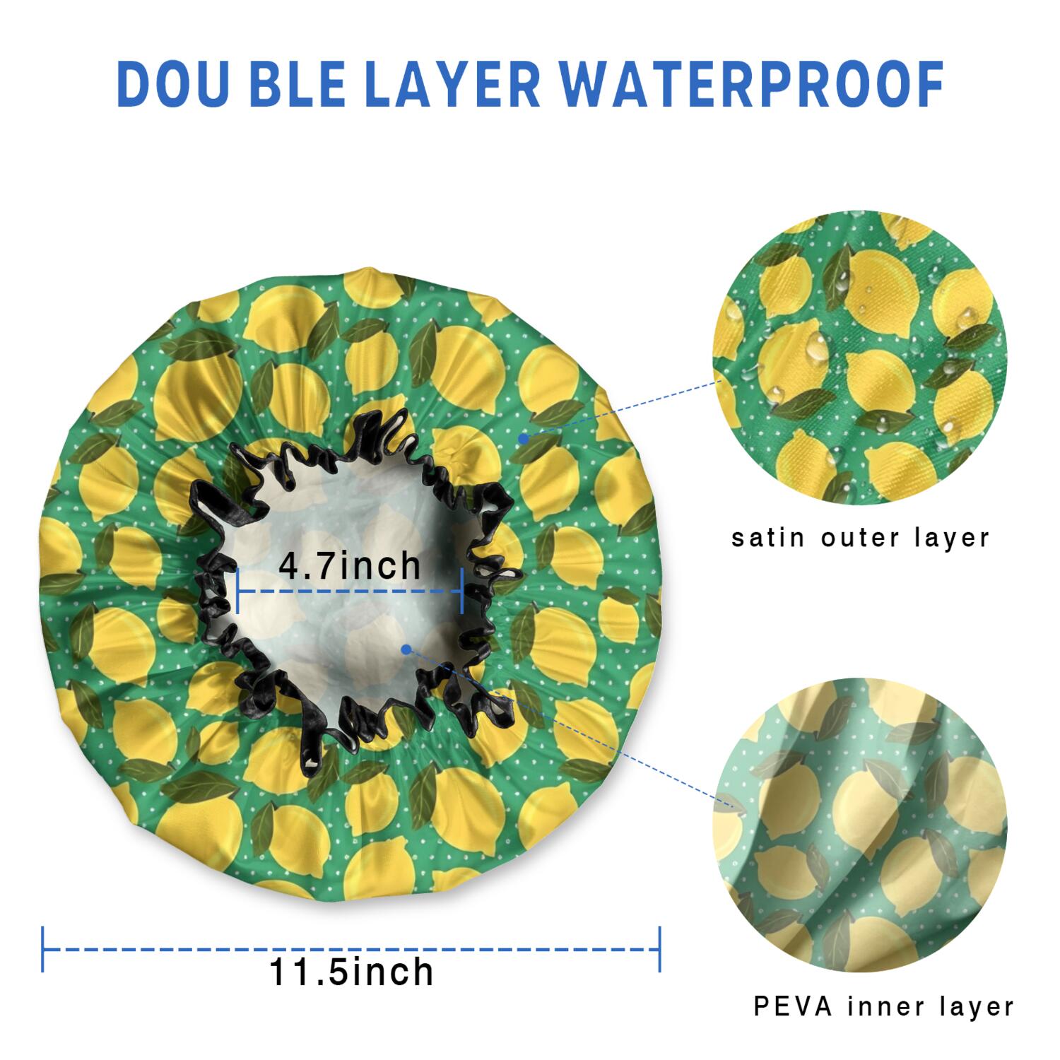 Shower Caps,Yellow Lemon Fruit Dots Green Pattern Waterproof Shower Cap for Women 4 Pieces,Double Reusable Hair Cover for Shower PEVA Elastic Stretch Hem