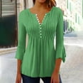 thumbnail image 3 of Scyoekwg Trendy Womens 3/4 Sleeve Tunic Tops Elegant V-Neck Button Three Quarter Sleeve Pleated T-shirt Classic Solid Color Comfy Shirts Blouses (#C=Green,XXL), 3 of 5