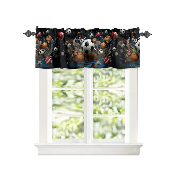 Sports Theme Soccer Rugby Basketball Window Valances for Kitchen,Rod Pocket Valance Privacy Small Curtain,Ball Sport Pattern Window Treatment Drapes for Bedroom Laundry Room Farmhouse 54x18in