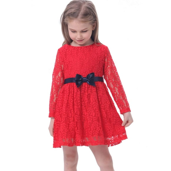 Bonny Billy Robe de Noël Midi à Manches Longues en Dentelle avec Nœud 3-4 Ans Rouge
