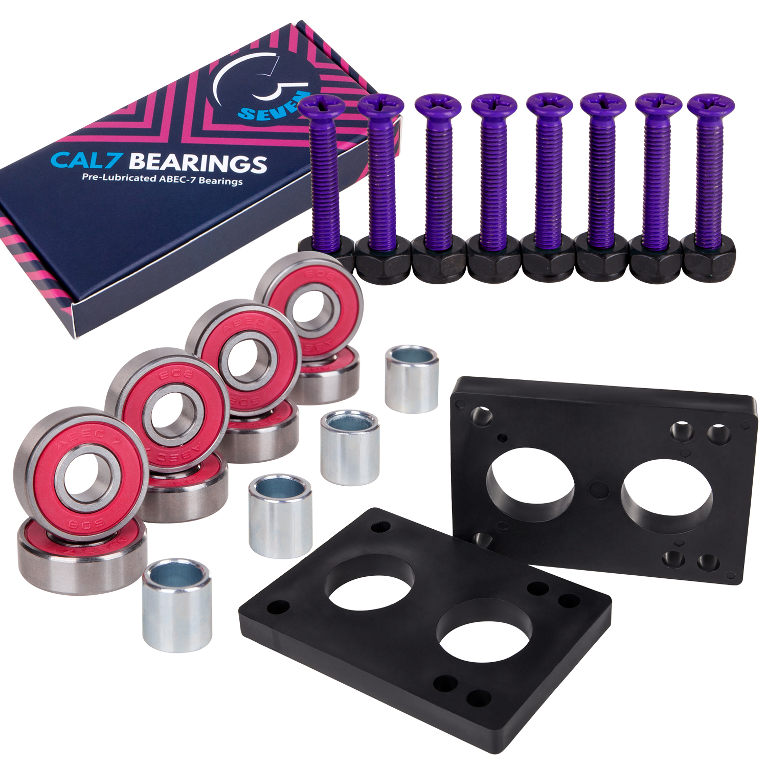 Cal 7 Skateboard Bundle 1.25" Hardware, 1/4" Riser Pads, and ABEC7