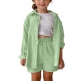 thumbnail image 2 of FAVIPT Outfits for Kids 2 Piece Sets Summer Long Sleeve Collared Button Shirts Drawstring Short Pants Casual Solid Sets Green,3 Years, 2 of 9