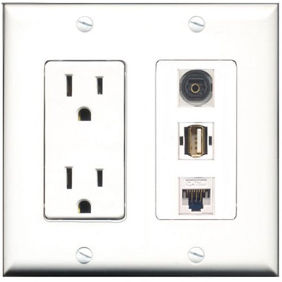RiteAV - 15 Amp Power Outlet 1 Port USB A-A 1 Port Toslink 1 Port Cat5e Ethernet White Decorative Wall Plate