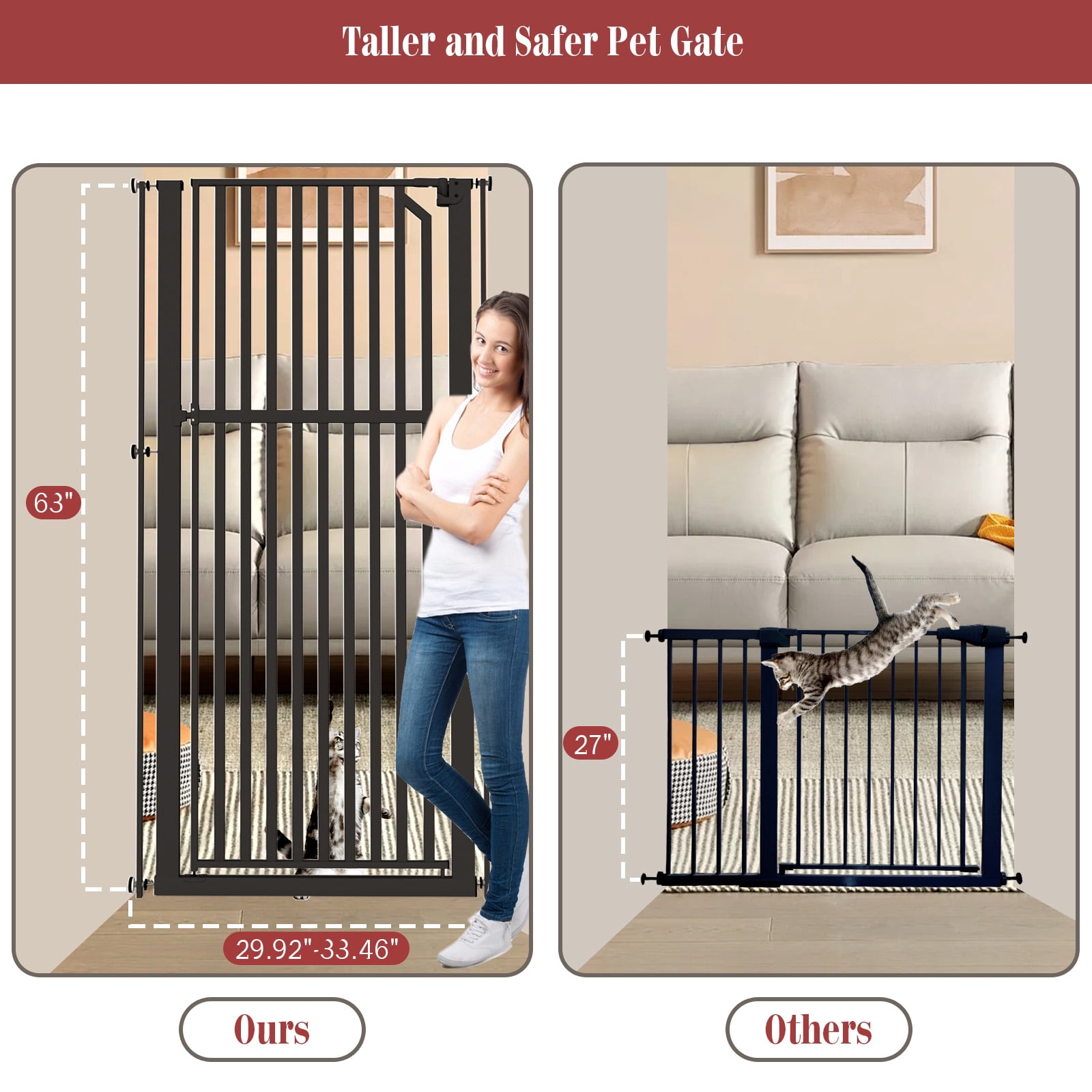 GLAF 63" Extra Tall Cat Gate - 30-37.8" Wide Extendable Cat Barrier for Doorway - Pressure Mounted Cat gate for Doorway - Auto Close Extra Tall Pet Gate - 63 inch Tall pet gate