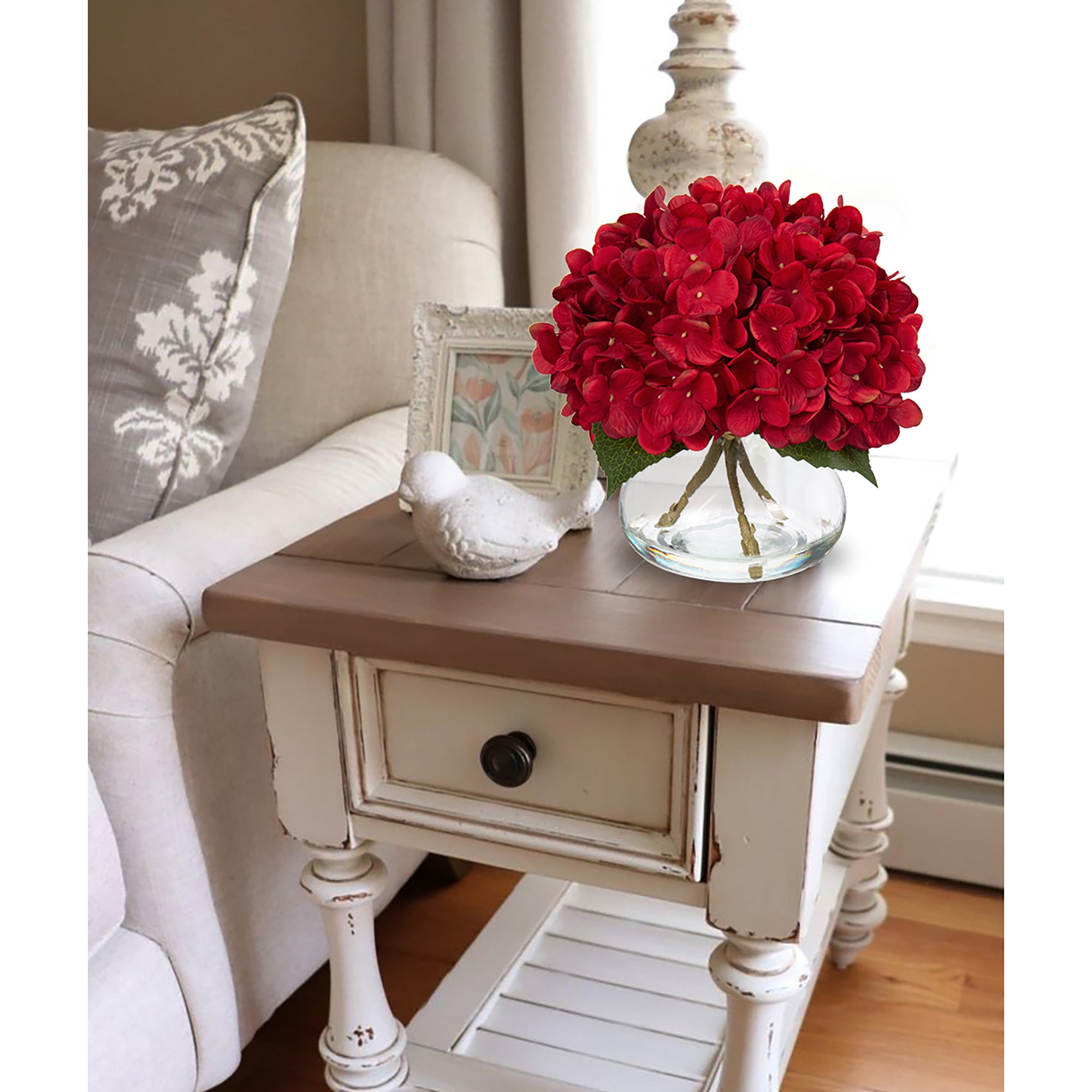 Hydrangea Artificial Flowers in Vase Red Silk Fake Flowers Arrangements with Glass Vase with Faux Water Faux Floral Bulk Bouquet for Home Office Wedding Table Centerpiece Decoration