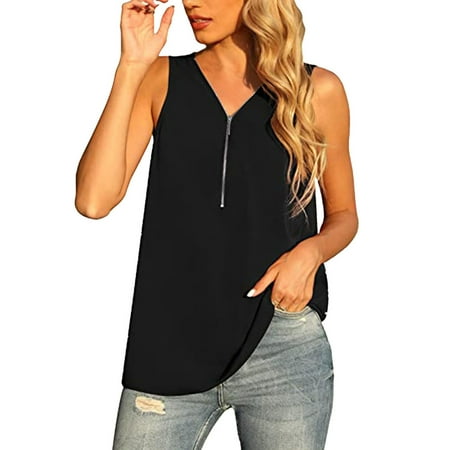 

Pianpianzi Cotton Top Pack Women 4 8 with Bra Women Casual Solid Zipper Half Placket V Neck Loose Sleeveless Vest Shirts Blouses Tops