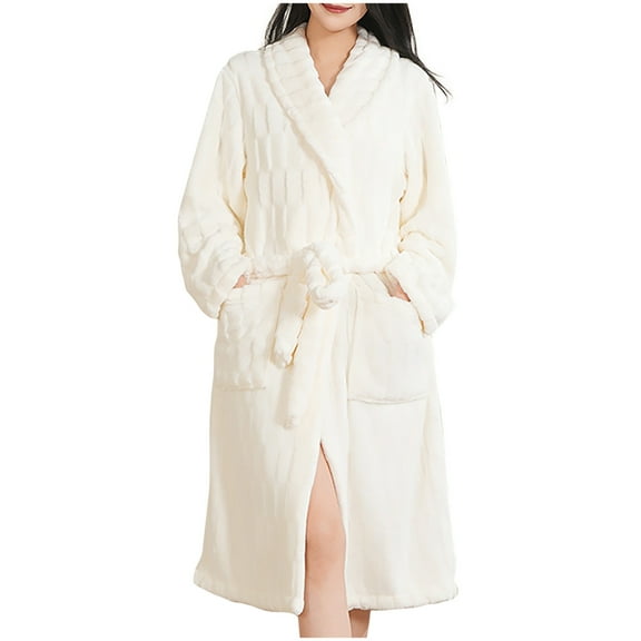 Fengactive Women's Bathrobe Long Spa Robes Winter Warm Plush Robe Soft Comfy House Coat with Belt & Pockets