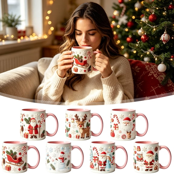 TTJ Coffee Mug Christmas Ceramic Mugs Cute Xmas Coffee Cups With Santa Claus Reindeer Snowman Sleigh Handle Holiday Mug