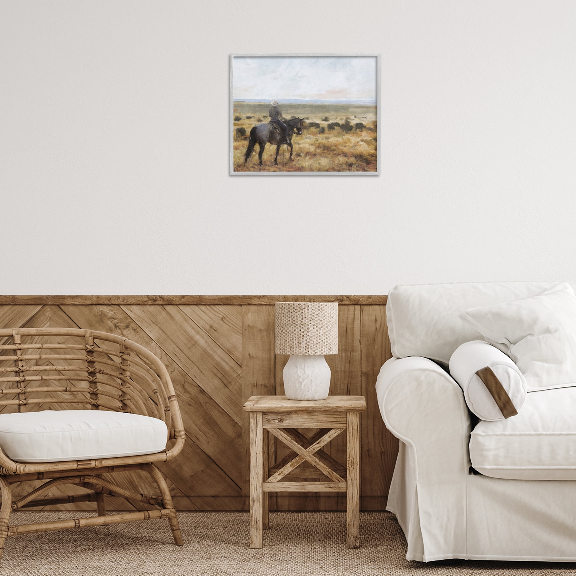 Stupell Industries On The Range Cowboy Landscape Painting Gray Framed Art Print Wall Art, 20 x 16