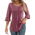thumbnail image 2 of MeetoTime Tuniques pour Femmes Manches 3/4 Décontractées Col Rond Plissé Couleur Unie T-Shirt Pull, 2 of 6