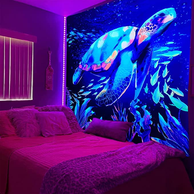Jinsinto Sea Turtle Tapestry UV Reactive Marine Life Tapestries Black Light Posters Wall Hanging for Bedroom Aesthetics Party Decor 100x150cm