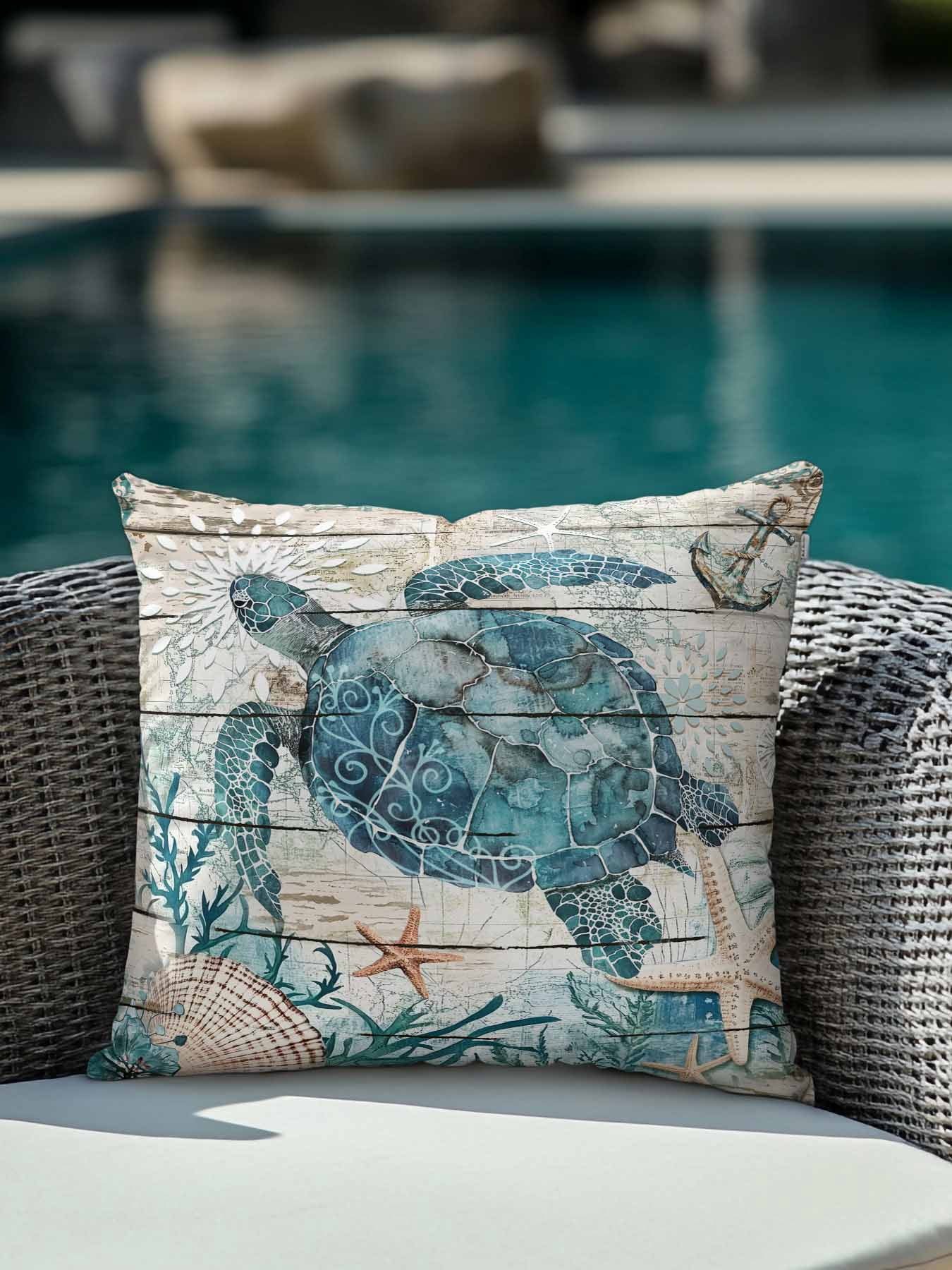 Outdoor Pillows Waterproof, Teal Sea Turtle Coastal Bedding Throw Pillows with Insert for Couch Sofa Bed, Summer Beach Nautical Starfish Retro 18x18 Inch Pillowcases Decorative Patio Pillow Set of 1