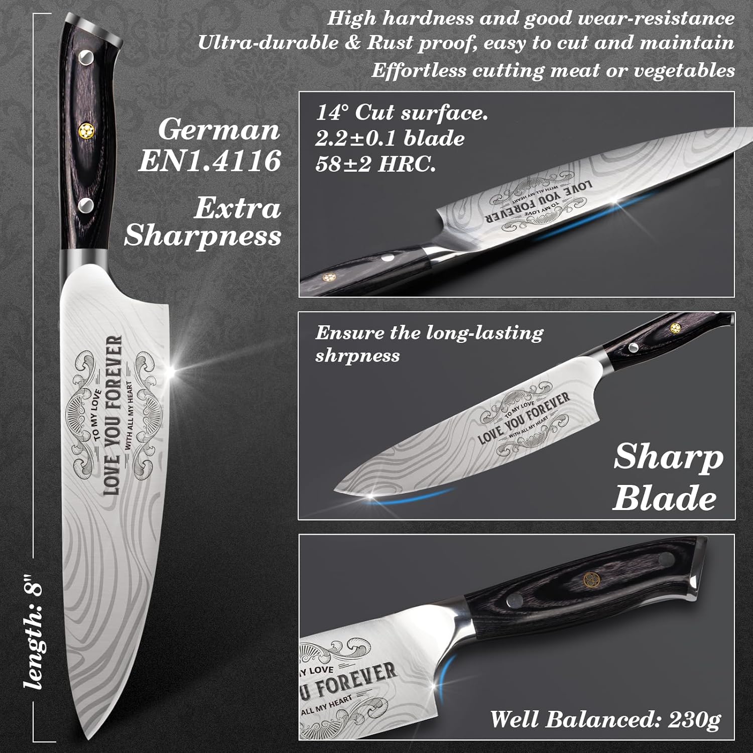 Gifts for Him Her Men Women Husband, Christmas Xmas Stocking Stuffers, Anniversary Birthday Gifts ideas for Him Her, 8 inch Pro German Chef Knife, Kitchen Knife Gift Set