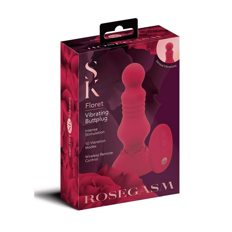 Secret Kisses Floret Vibrating Silicone Anal Plug with Remote Control, Red 