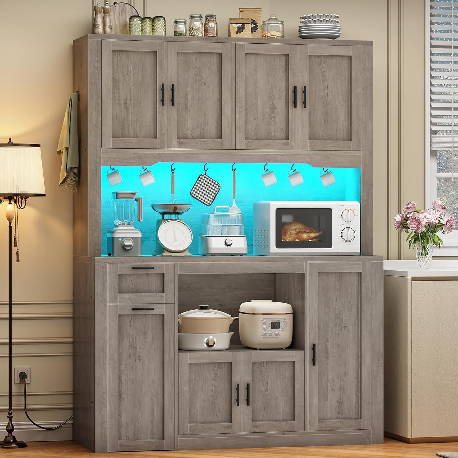 Farmhouse Pantry Cabinet, Tall Kitchen Pantry Storage Cabinet with Power Outlets & Microwave Stand, 47.3" Wide Large Kitchen Cabinet with Drawer, Storage Cart & 3 Door Shelves for Dining Room, Grey