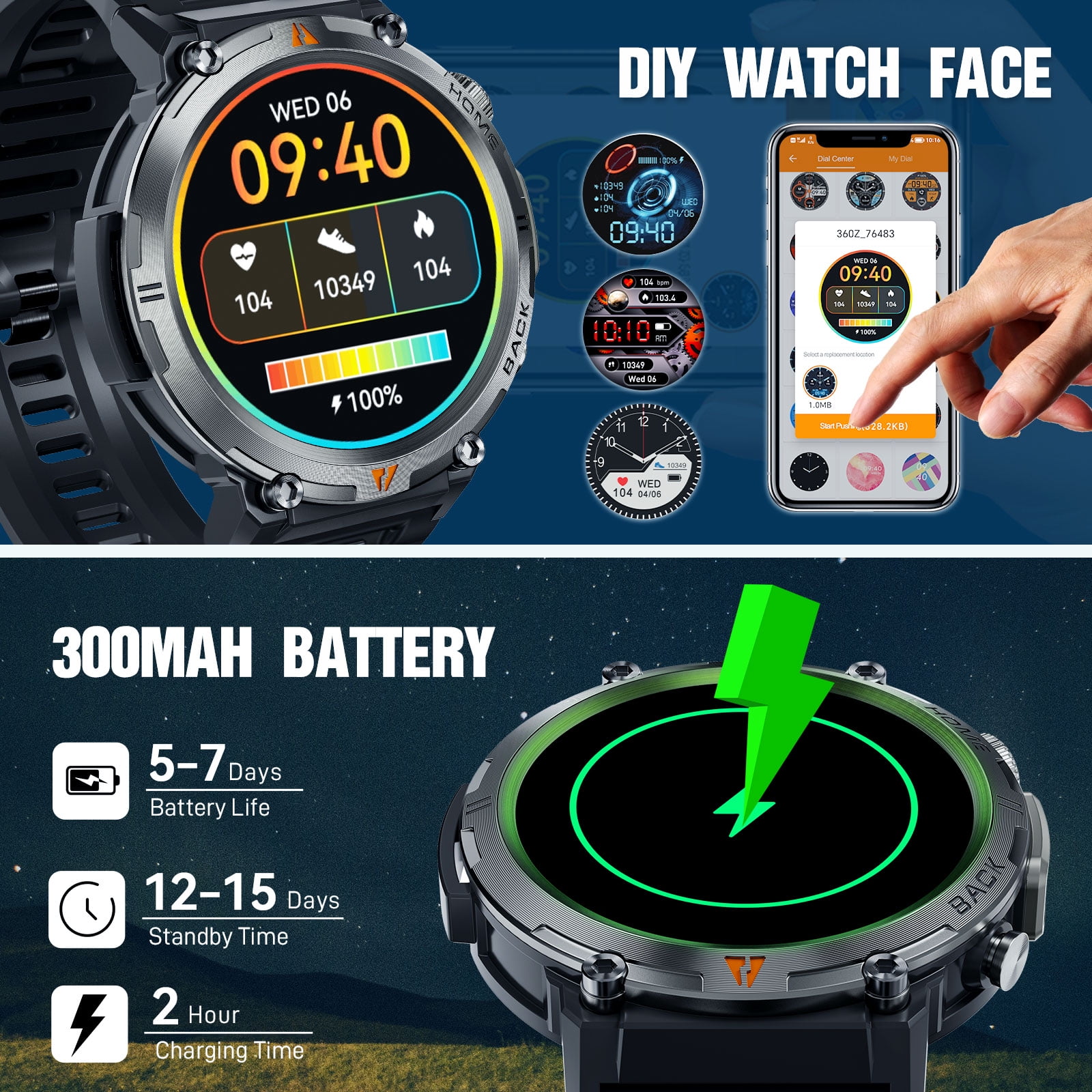 XAXRE 3ATM Waterproof Smart Watches for Men KE3 with LED Flashlight Android Smart Watch Compatible with iPhone(Call Received/ Dial) 1.45" HD 110+ Sports Modes