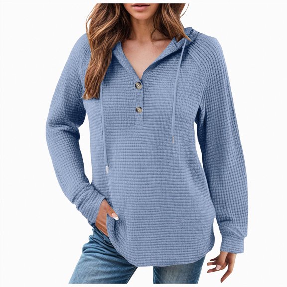 Towmus Women's Hoodie Oversized Waffle Knit Tops Henley Casual Shirts Long Sleeve Button V Neck Solid Color Casual Tunic Sweatshirt S-5XL
