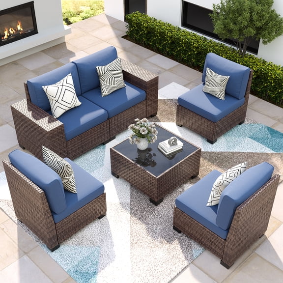 Patio Furniture Set, Ampatio 6-Piece Outdoor Sectional Sofa with Tempered Glass Table for Backyard & Porch, Wicker | Metal | Brown