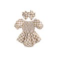 thumbnail image 1 of xiaxaixu Bébé Filles Romper Ensemble de Robe Damier Imprimé Été Froncé Combinaisons à Manches Courtes et Bandeau Élastique, 1 of 9