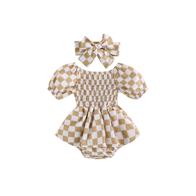 xiaxaixu Bébé Filles Romper Ensemble de Robe Damier Imprimé Été Froncé Combinaisons à Manches Courtes et Bandeau Élastique