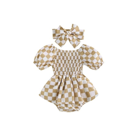 

Sunisery Infant Baby Girl Smocked Romper Dress Checkerboard Print Short Puff Sleeve Ruched Jumpsuit Bodysuit with Headband
