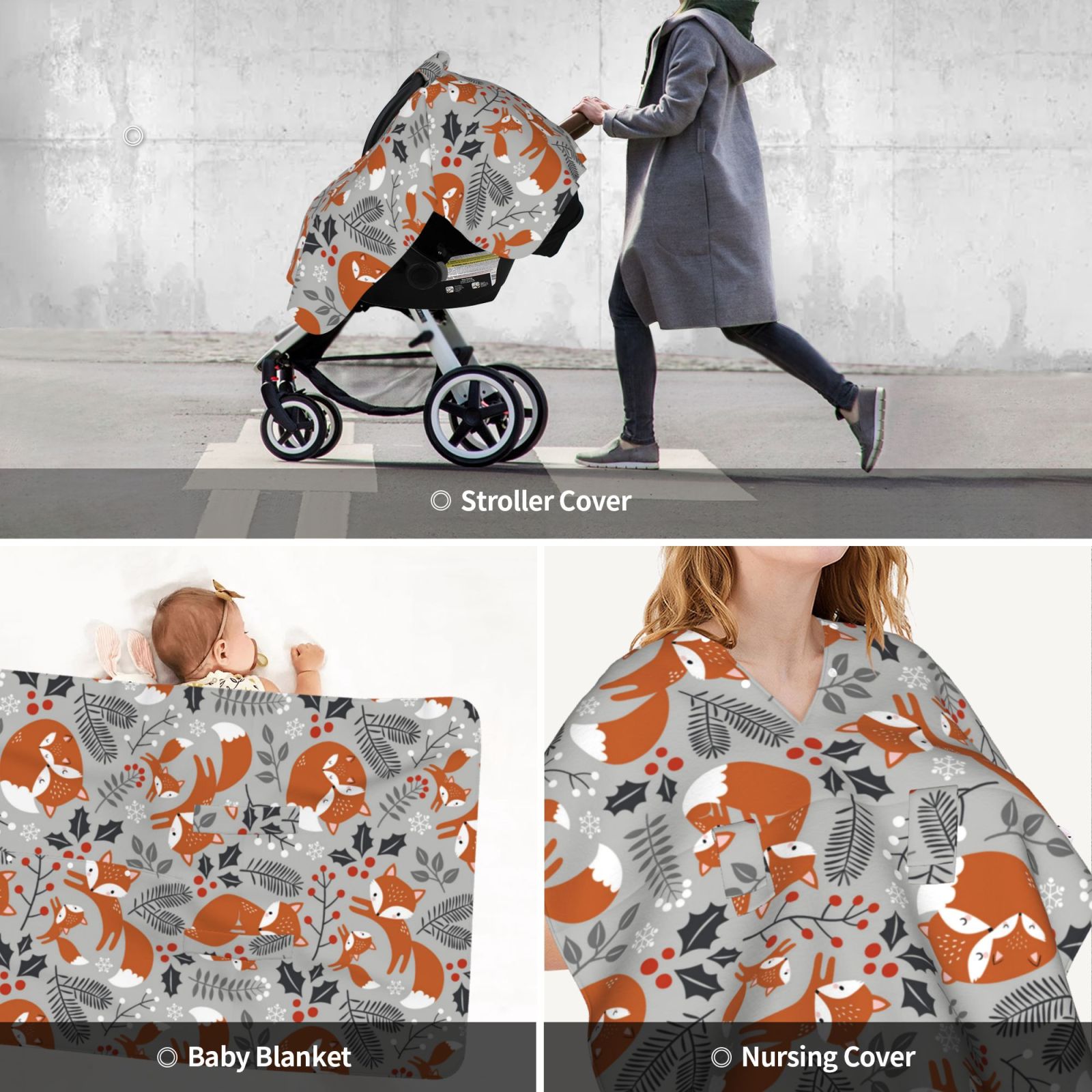 Car Seat Cover Baby - Vintage Blue Fox Family A Breathable Infant Car Seat Cover for Baby Carseat, Lightweight Comfort Baby Essentials Must Haves Newborn Stuff for Girl Boy