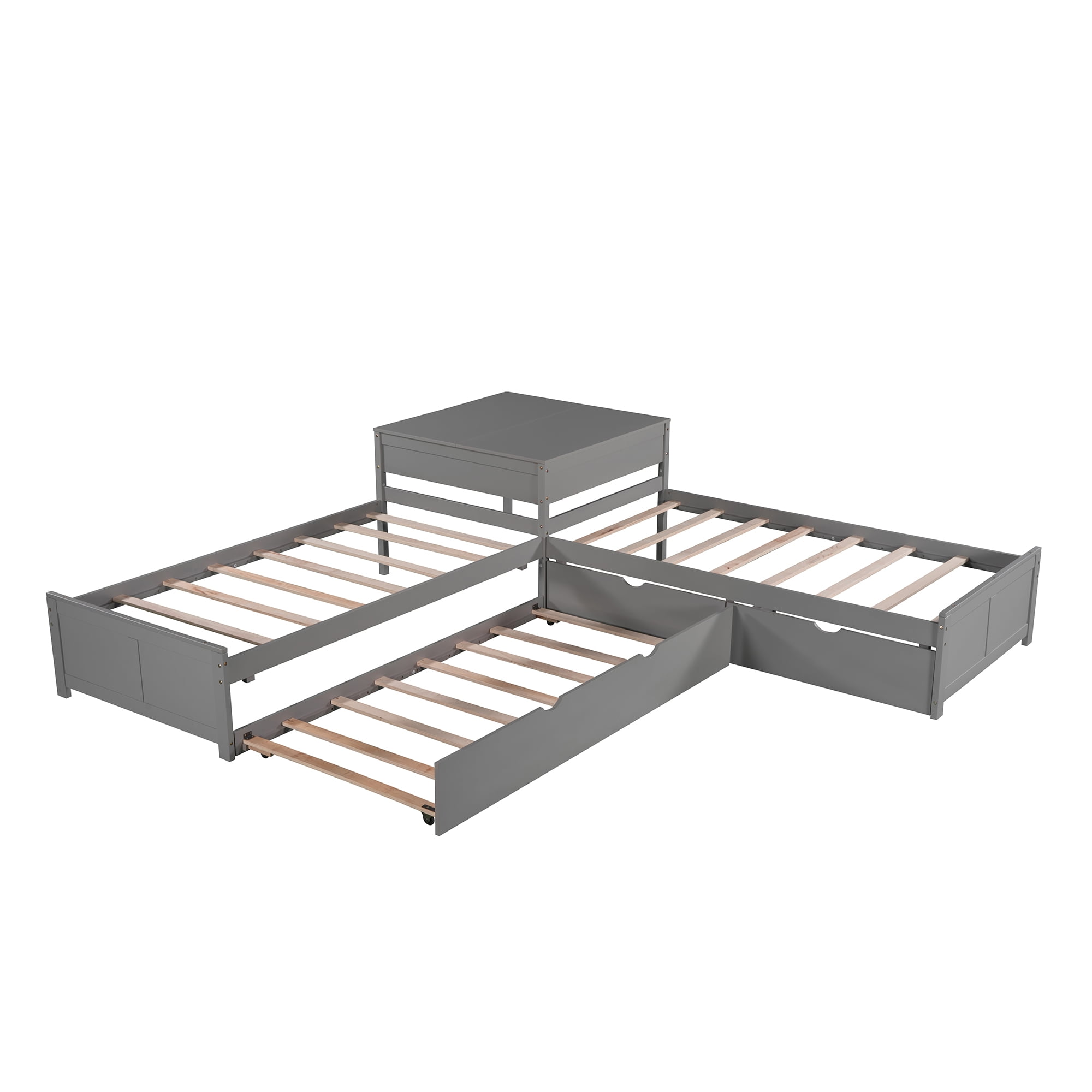Euroco Pine Wood L-Shaped Twin Platform Bed with Trundle, 3 Beds in One for Bedroom, Trundle Bed with Drawers and Built-in Desk, Gray