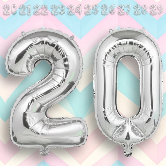 Silver Number 20 Mylar Foil Balloon 40 inch - Helium or Air Filled Metallic Balloons for 20th Birthday Hbd Party, Anniversary, Graduation Decorations