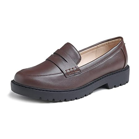 

Feversole Women s Fashion Trim Deco Loafer Flats Brown Vegan Leather Penny Platform Size 6.5 M US