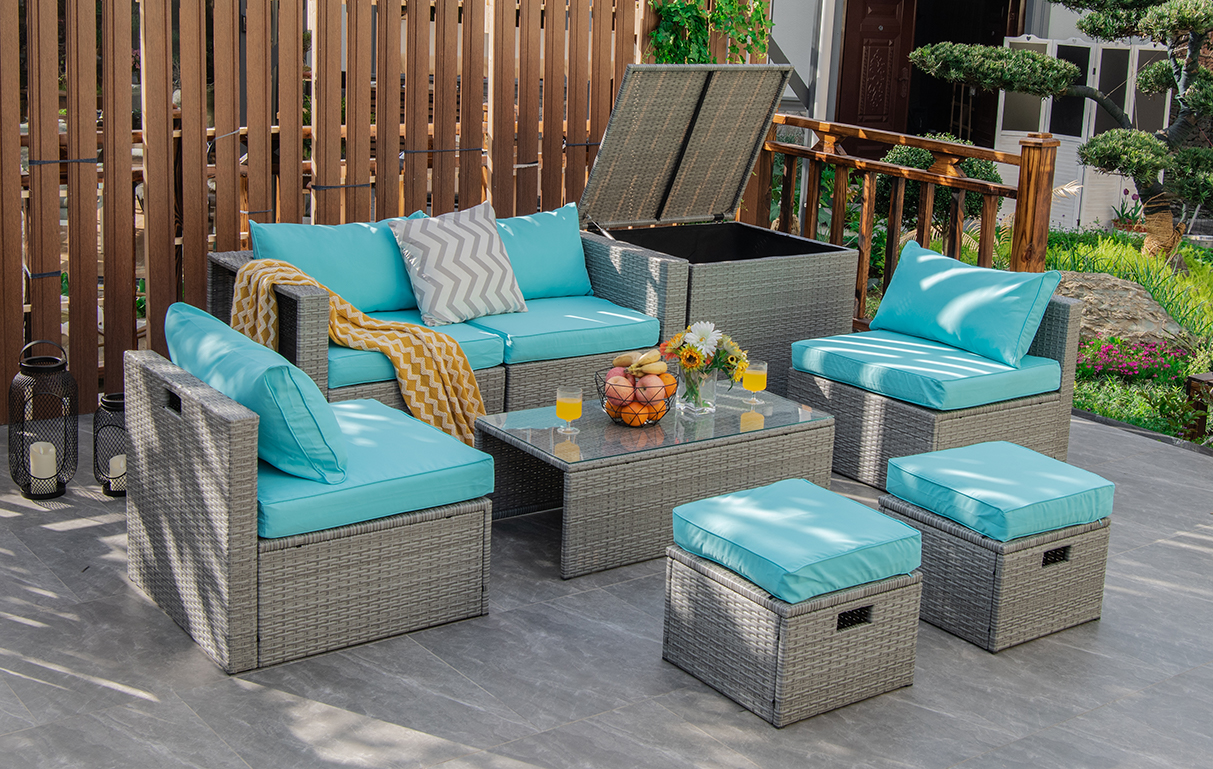 Patiojoy 8 Pieces All-Weather PE Rattan Patio Furniture Set Outdoor Space-Saving Sectional Sofa Set with Storage Box Turquoise - image 2 of 9